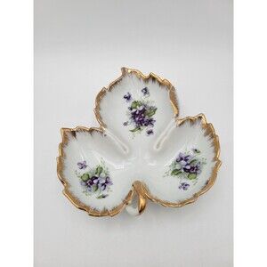Vintage Kelvin China Leaf Shape Candy Nut Dish Purple Flowers Gold Trim